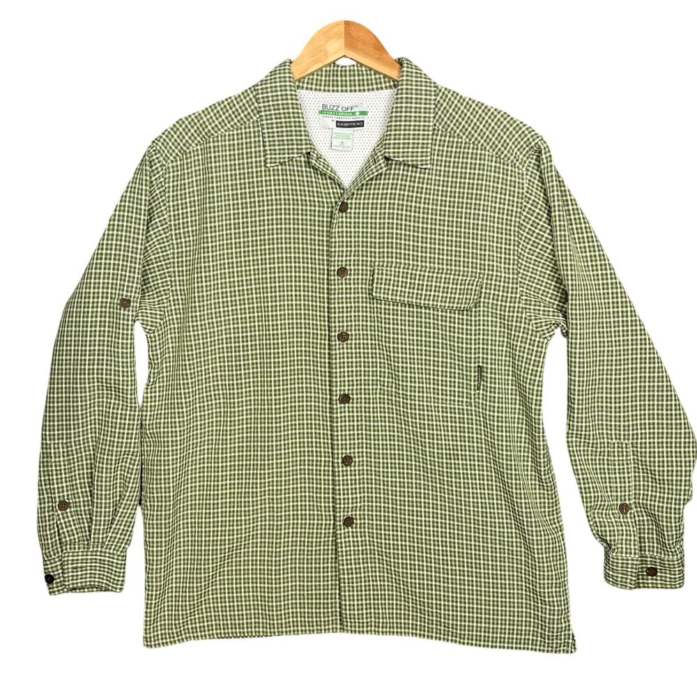 EXOFFICIO BUZZ OFF Medium Green Off-White Bug Repellent Button Up Shirt Outdoors